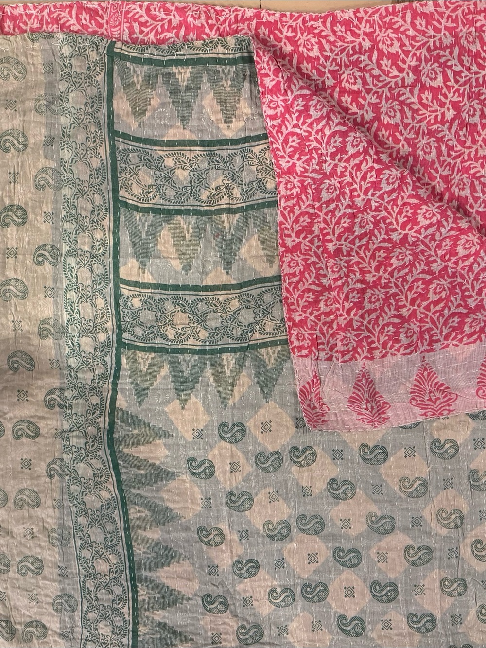 KAnTHA Handcrafted Cotton Quilt in Pink and Green Vintage